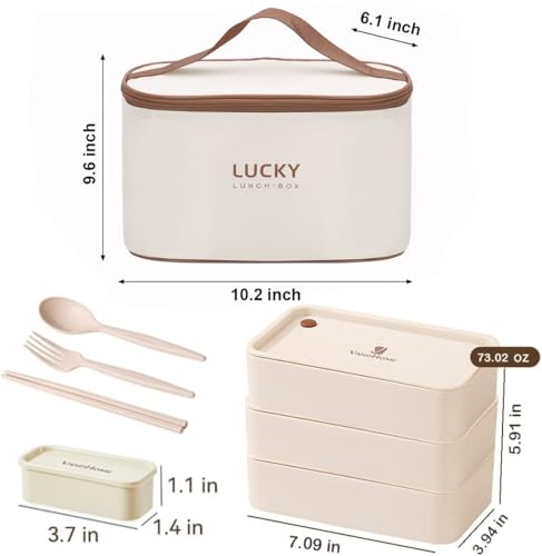 3 Layer Japanese Lunch Box with Chopsticks, Microwave Safe Bento Lunch Box with Bag and Utensils, Leakproof Stackable BPA-Free Lunch Containers for Adults - color: 2160ml 3 Tier-Beige