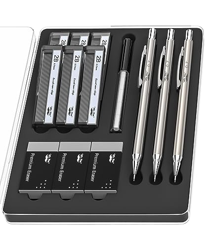Mr. Pen- 0.7mm Metal Mechanical Pencil Set with Lead Refills & Erasers | 3 Pack, 6x Tubes 2B Lead Refill, 3x Erasers for School Supplies, Note Taking, Drawing, Sketching