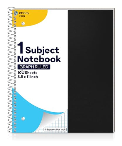 Enday Graph Paper Notebook 8.5 x 11 with Plastic Cover, 1 Black Grid Notebook, Graph paper spiral notebook, Graph notebook, 4 Squares per inch Grid paper notebook, White Paper Quad Ruled Spiral - color: Black