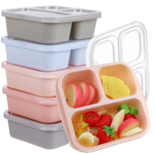 Honeydak 5 Pack Snack Containers 3 Compartment Bento Snack Boxes Divided Meal Prep Containers with Lids Reusable Adults Lunch Food Storage Box for School Work Travel(Morandi Color) - color: Morandi Color