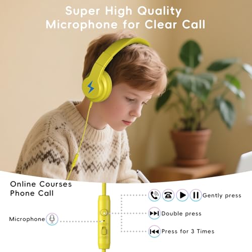 Candy Bila Kids Headphones, Wired Headphones for Kids Over Ear with Microphone, 85/94dB Volume Limiter Headphone for Girls Boys, Foldable Headphone for Learning & Entertainment, Yellow - color: Yellow