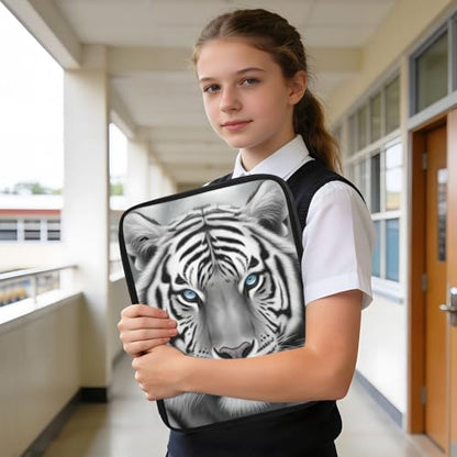 Heavy-Duty 3-Hole Ring System Binder Bag with 7-Compartment Document Sorter and 5 Elastic Pen Slots for Academic Lecture Halls Black White Tiger