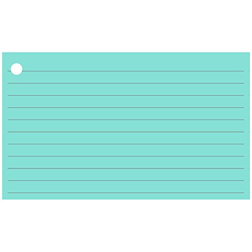 Colonial Cards: 150 Color Cardstock 3" x 5" Index Cards, Aqua, Lined Landscape Format with Corner 1-Hole Punched and 4 Binder Rings - color: aqua