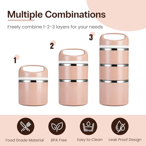 Lille Home Stackable Stainless Steel Thermal Compartment Lunch/Snack Box, 3-Tier Insulated Bento/Food Container with Lunch Bag and Three Extra Seals, 43OZ (Gold) - color: Gold