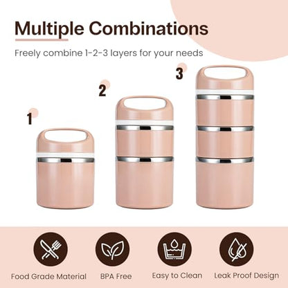 Lille Home Stackable Stainless Steel Thermal Compartment Lunch/Snack Box, 3-Tier Insulated Bento/Food Container with Lunch Bag and Three Extra Seals, 43OZ (Gold) - color: Gold