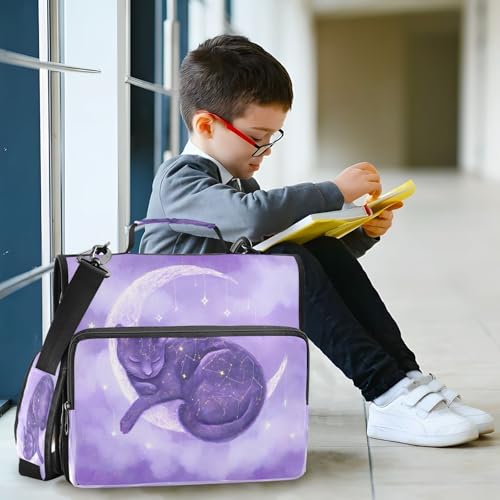 3 Ring Zipper Binder Purple Cat Moon Binders Bag with Shoulder Strap 500 Sheets Paper Organizer Trapper Keeper Documents Storage File Folder for School Office - color: A1819