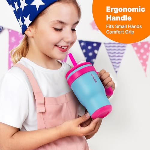 VINUR 14 oz Kids Tumbler with Handle and Straw Lid-2 Pack Stainless Steel Insulated Tumbler Travel Cup with Rubber Base|Drop and Leak Resistant |Cup Holder Friendly (Rose Pink-Sky Blue) - color: Rose Pink-Sky Blue, size: 14 Ounces