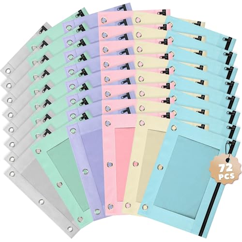Lanpn Pencil Pouch for 3 Ring Binder 72 Pack, Pastel Binder Pen Bags Bulk with Zipper, Aesthetic 3 Holes Pencil Holder Organizer for Boy Girl Kids School Student, Reinforced Grommets & Clear Window - color: Multicolor, size: 72 Pack