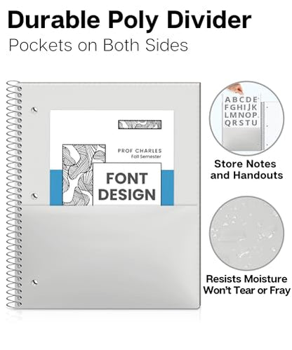 Dunwell Graph Paper Notebook 8.5 x 11, Plastic Cover, 80 Sheets, 4x4 Ruled, 1 Subject Spiral 1/4 Inch Grid Graphing Notebook, Divider with Pockets, Perforated Pages, 3-Hole Punched - size: 8.5x11", style: Graph Ruled