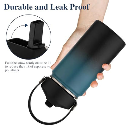 Kids Water Bottle with Straw Lid-12 oz Insulated Stainless Steel Thermal Cup, Leakproof Wide Mouth Sports Bottle Keeps Cold 12H & Hot 6H for Gym Office Outdoor - color: Blue-Black