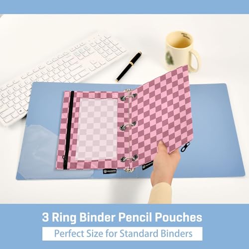 Palevioletred Buffalo Plaid Binder Pouches 3 Ring for Boys Girls School Office College Supplies Pink Chessboard Lightpink Pencil Pouches Case Bag with Clear Window and Zipper 2 Pack - color: Palevioletred