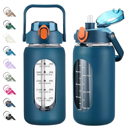 42oz Glass Water Bottles with Straw, Motivational Glass Bottle with Silicone Sleeve and Time Marker, Leakproof Large Glass Water Jug for Gym Home Office,Blue - color: Blue, size: 42 Ounces