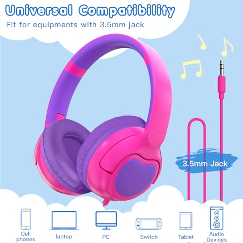 ZIHNIC Wired Kids Headphones, Safe 85dB Volume Limit for Boys & Girls, Comfortable Earpads, Foldable Design for School, Tablets, and Travel-Rose RED - color: Rose RED