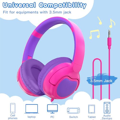 ZIHNIC Wired Kids Headphones, Safe 85dB Volume Limit for Boys & Girls, Comfortable Earpads, Foldable Design for School, Tablets, and Travel-Rose RED - color: Rose RED