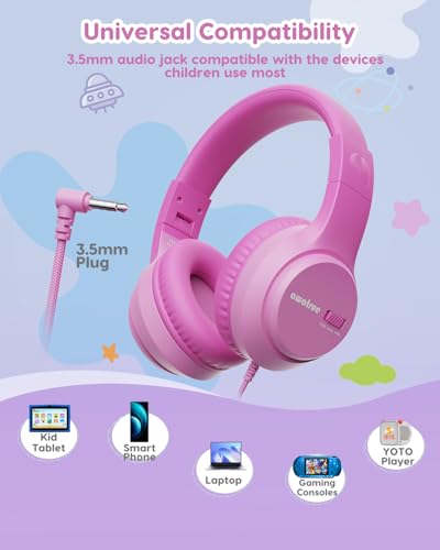 awatrue Kids Headphones, 74/85/94dB Volume Limiter, Foldable Wired Over Ear Headphones for Travel, 3.5mm Jack, Toddler Headphones for School, Chromebook, iPad, Tablet, Pink - color: Pink