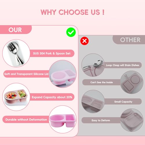 3 Pcs Reusable Snack Containers With Lids,Silicone Snack Containers,Meal Prep Containers,8 Oz Silicone Lunch Box,Includes 304 Stainless Steel Fork & Spoon(3 Color)
