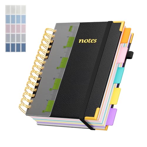 XYark A5 Hardcover Spiral Notebook, 6.3"x8.5" College Ruled Notebooks with Removable Dividers Tabs & Ruler, 5 Subject Notebook 300 Pages, Small Lined Journal for Women Men School Work Office, Black - color: Black, size: 6.3"x8.5"(A5)
