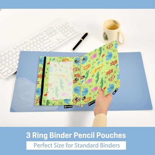 Emelivor Cartoon Animals Green Pencil Pouch for 3 Ring Binder 2 Pack Binder Pencil Case with Clear Window Pencils Bags with Zipper for Office Daily College Home Supplies - color: 31-Cartoon Animals