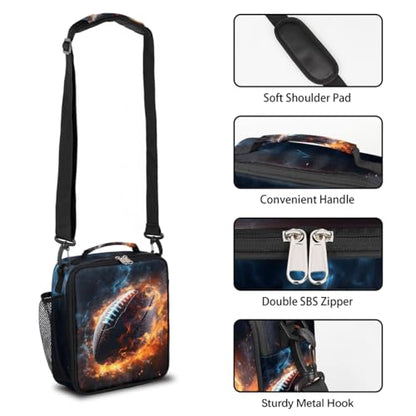 Fire Football Boys Lunch Box for School Insulated Kids Lunch Box Reusable Leakproof Lunch Bag Thermal Cooler Tote Picnic Lunchbox with Adjustable Shoulder Strap Back to School Gifts for Teens Boys - color: American Football