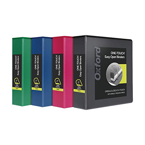 Oxford 3 Ring Binders, 2 Inch ONE-Touch Easy Open D Rings, 3-Sided View Binder Covers, Xtralife Hinge, Non-Stick, PVC-Free, Assorted Colors, 530-Sheet Capacity, 4 Pack (79912) - size: 2 Inch
