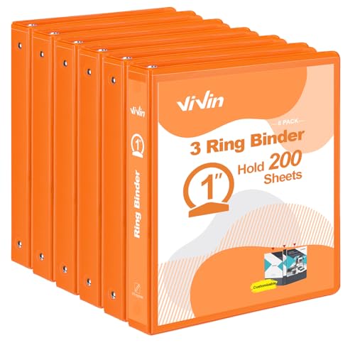 ViVin 1 Inch Round Ring View Binder for Durability, Standard 3 Ring Binder for 200 Sheets of US Letter Size Paper, PVC-Free, 6-Pack (Orange) - color: Orange, size: 1 Inch, style: 6 pack