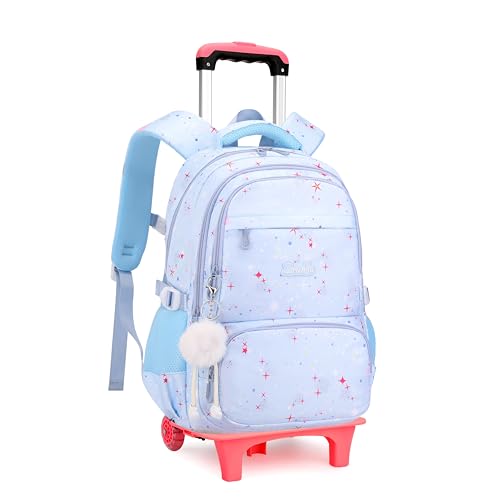 Star Print Rolling Backpack for Girls Kids Backpack with Wheels Roller Bookbag Trolley School Bag Wheeled Bag Blue - color: 2 Wheels 05 Blue, style: 2 Wheels