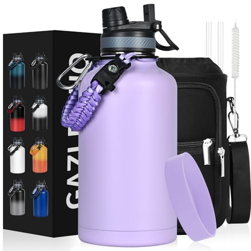 GAZLEMHO Insulated Water Bottle 64 oz, Half Gallon Water Jug Cold 48H, BPA Free Stainless Steel Bottles with Straw/Chug 2-in-1 Lid, Bag, Paracord Handle, Silicone Boot, Sports Gym School Metal Flask - color: Purple, size: 64 Ounces