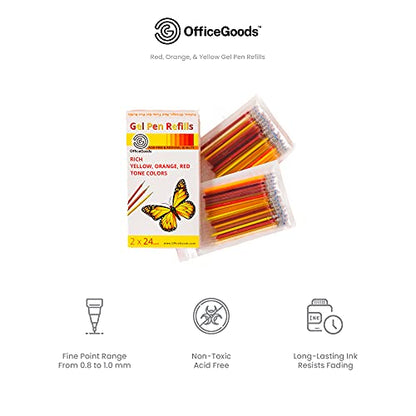OfficeGoods Gel Pen Refills - 24 Individual Colors - Fits Most Gel Pens - Fast Drying Ink - 2 Pack - Yellows, Oranges & Reds - color: Yellow-red
