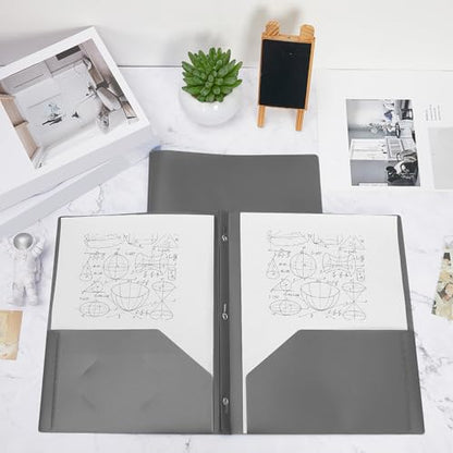 Yeaqee 150 Pack Plastic Folders with Prongs Heavy Duty Plastic 2 Pocket Folder with 3 Prongs, Business Card Slot for Back to School Office Home 11.6 x 9.5 Inch (Grey) - color: Grey