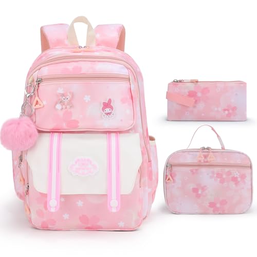 Girls Backpack,Cute Print School Kids Backpack with Insulated Lunch Box Pen Case Set,Kindergarten Elementary School Book Bag for Girls Children Students(3 pieces set -Pink) - color: 3 Pieces Set -Pink