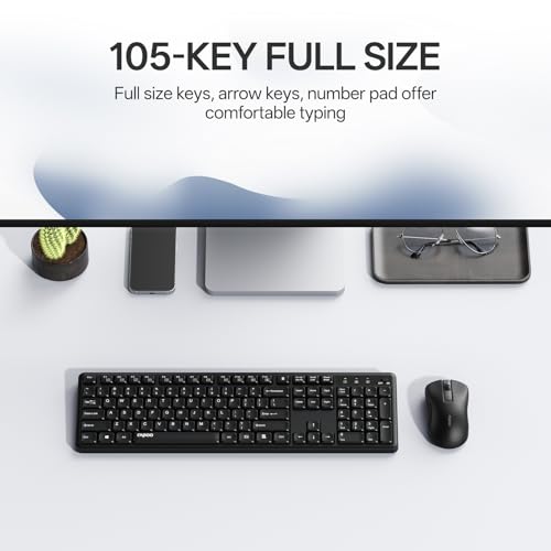 Rapoo X2100 Quiet Wireless Keyboard and Mouse Combo, 2.4GHz USB Receiver, 12 Multimedia Keys, Spill-Proof, Full-Sized, Compatible with PC, Laptop, Black