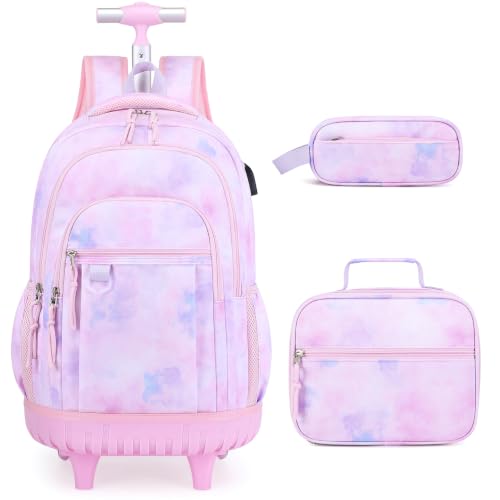 DIGOBAY Rolling Backpack for Girls, Cute Girls Backpack with Wheels, Kids Wheeled backpacks Set with Lunch Bag Pencil Case for Teen Girl, Roller School Bag with Wheels for Elementary Middle School - color: Purple Tie-dye