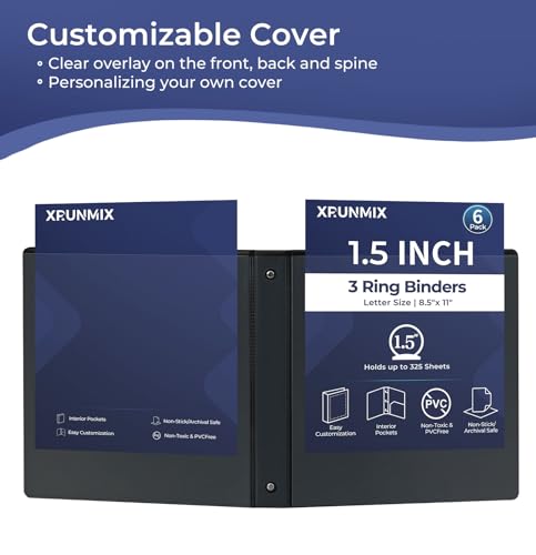1-1/2'' 2-Inch 3-Ring Binder with Pockets, Premium View Binders with Three Ring Binders Holds up to 200/325/450 Sheets US Letter Size, Bulk Pack of 6 (1.5-inch Black) - size: 1.5-inch Black