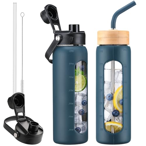 24 oz Glass Water Bottle with Straw – 2 Lids (Bamboo & Spout Lid), Motivational Borosilicate Glass Daily Water Intake Bottle with Time Marker, Silicone Sleeve for Gym Home Office-Dark Blue - color: Dark Blue, size: 24 Ounces