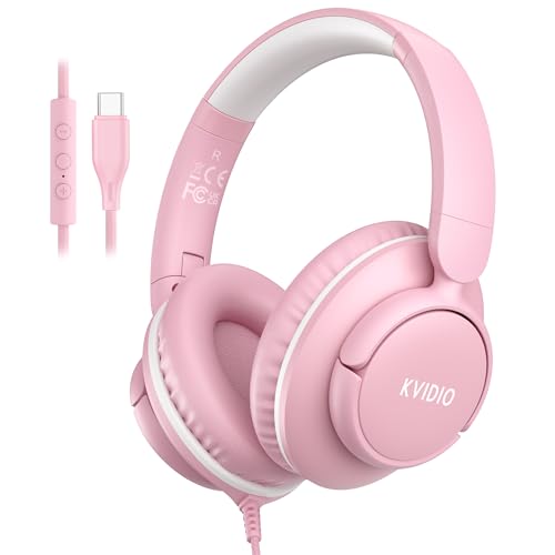 KVIDIO Wired USB C Headphone with Microphone, Over Ear Foldable Type C Corded Headphones with 4.9ft Tangle-Free Cord for Tablet Laptop School Airplane Travel, Pink - color: Pink White