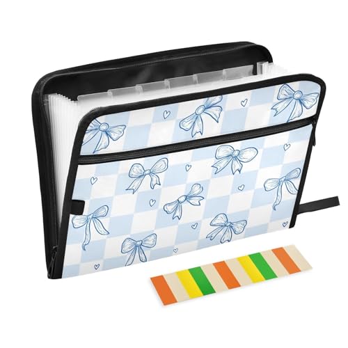 13 Pockets Expanding File Folder Blue Bow Checkboard Accordion File Organizer A4 Letter Size Paper Document Storage Zipper Expandable Folders with Labels