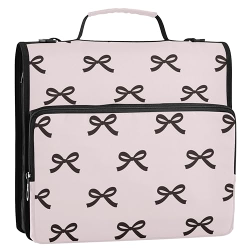 Beauty Black Bow Pink Zipper Binder with Shoulder Strap Trapper Keeper 3 Ring Binder Organizer Large Capacity Multiple Compartments for School Office