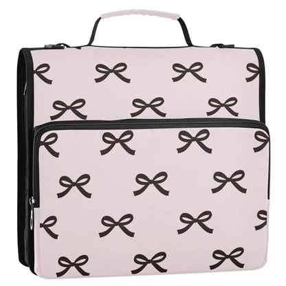 Beauty Black Bow Pink Zipper Binder with Shoulder Strap Trapper Keeper 3 Ring Binder Organizer Large Capacity Multiple Compartments for School Office