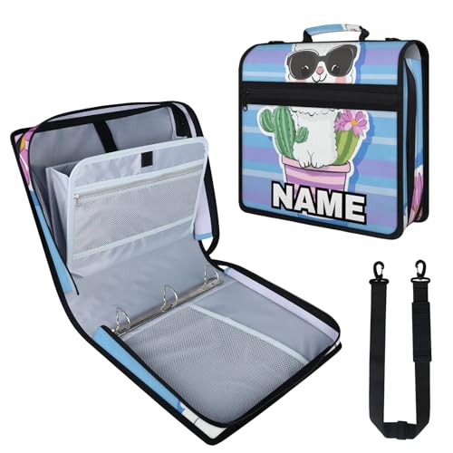 Custom Zipper Binder Funny Cactus Llama 3 Ring Binder 1.5 Inch Expanding Pockets File Folder Large Capacity Document Organizer Bag with Handle and Strap - color: Multi 2