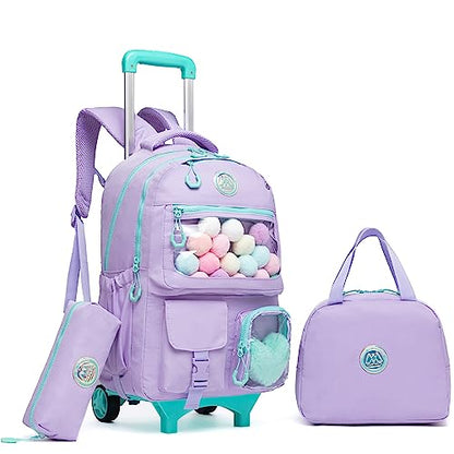Rolling Backpack for Girls Kids Backpack with Wheels Backpacks for Elementary with Lunch Box Pencil Case Trolley Luggage - color: Purple