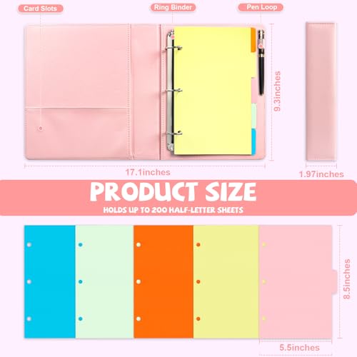 2 Pack Mini Size 3 Ring Binder 1 Inch Rings 5 Colors Dividers Pu Leather Binders 5.5" X 8.5" Holds 200 Sheets Paper Three Ring Binder DRing with Pen Loop 1 Pockets School Office (Purple&Pink) - color: Purple&pink, size: 1"D Ring