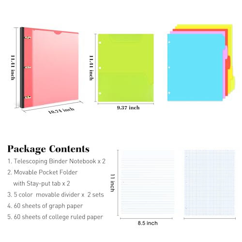 INFUN All-in-one Telescoping Binder Notebook- 2PCS, 3 Ring Notebook Binder with 1 Plastic Movable Pocket Folder,5 Plastic Subject dividers and Graph Paper and College Ruled Paper - Red - color: Red, size: 2 PCS