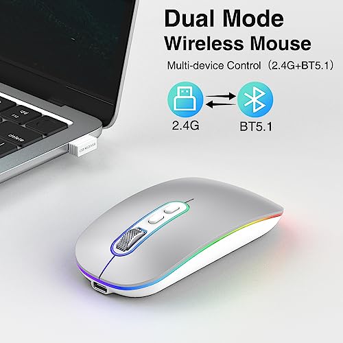 cimetech Rechargeable Wireless Mouse, 2.4G & BT Slim Mouse for MacBook with USB Receiver, Silent Click, 1600 DPI for Office Travel Mac Air Pro/PC/Laptop/Computer - color: Silver