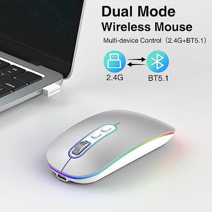 cimetech Rechargeable Wireless Mouse, 2.4G & BT Slim Mouse for MacBook with USB Receiver, Silent Click, 1600 DPI for Office Travel Mac Air Pro/PC/Laptop/Computer - color: Silver