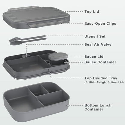 Caperci Stackable Bento Lunch Box for Adult & Teens - Reinforced Leak-Proof Lunch Container 4-Compartment with Utensils & Sauce Container, BPA-Free, Dishwasher/Microwave Safe, 47oz (Dark Gray) - color: Dark Gray