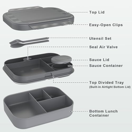 Caperci Stackable Bento Lunch Box for Adult & Teens - Reinforced Leak-Proof Lunch Container 4-Compartment with Utensils & Sauce Container, BPA-Free, Dishwasher/Microwave Safe, 47oz (Dark Gray) - color: Dark Gray