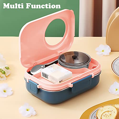 3 Compartments Bento Lunch box with Soup Bowl, Insulated Lunch Bag and Portable Utensils, Stainless Steel Camera Lunch Containers，Leak Proof Bento Box for Adults Men Women（14 years old+） - color: 900ml-Pink