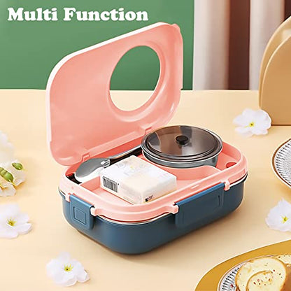 3 Compartments Bento Lunch box with Soup Bowl, Insulated Lunch Bag and Portable Utensils, Stainless Steel Camera Lunch Containers，Leak Proof Bento Box for Adults Men Women（14 years old+） - color: 900ml-Pink