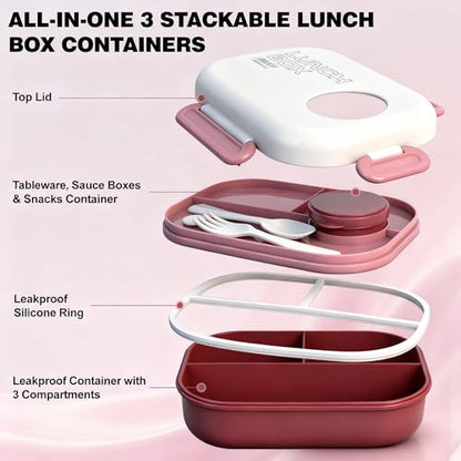 Lunch Box for Women, Kids & Men, Leak-Proof 3-Compartment Bento | Insulated bag, utensils & sauce container included; BPA-free; Microwave & dishwasher safe; Ideal for school, work & travel. - color: Red