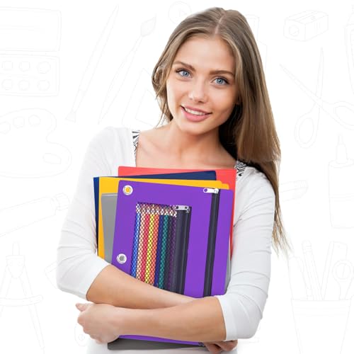 Pencil Pouch for 3 Ring Binder - 3 Hole Zipper Pen Case Bag Holder Bulk Accessories Clear Window Aesthetic Organizer Pockets - color: Purple